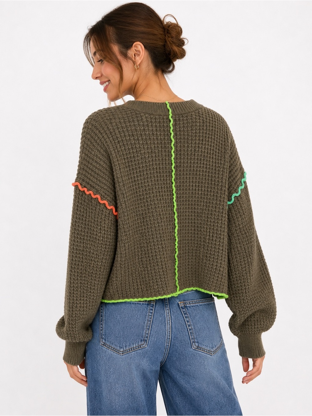 New IN Women’s Waffle Knit Sweater Medium Brown Neon Contrast Stitch - Picture 9 of 15